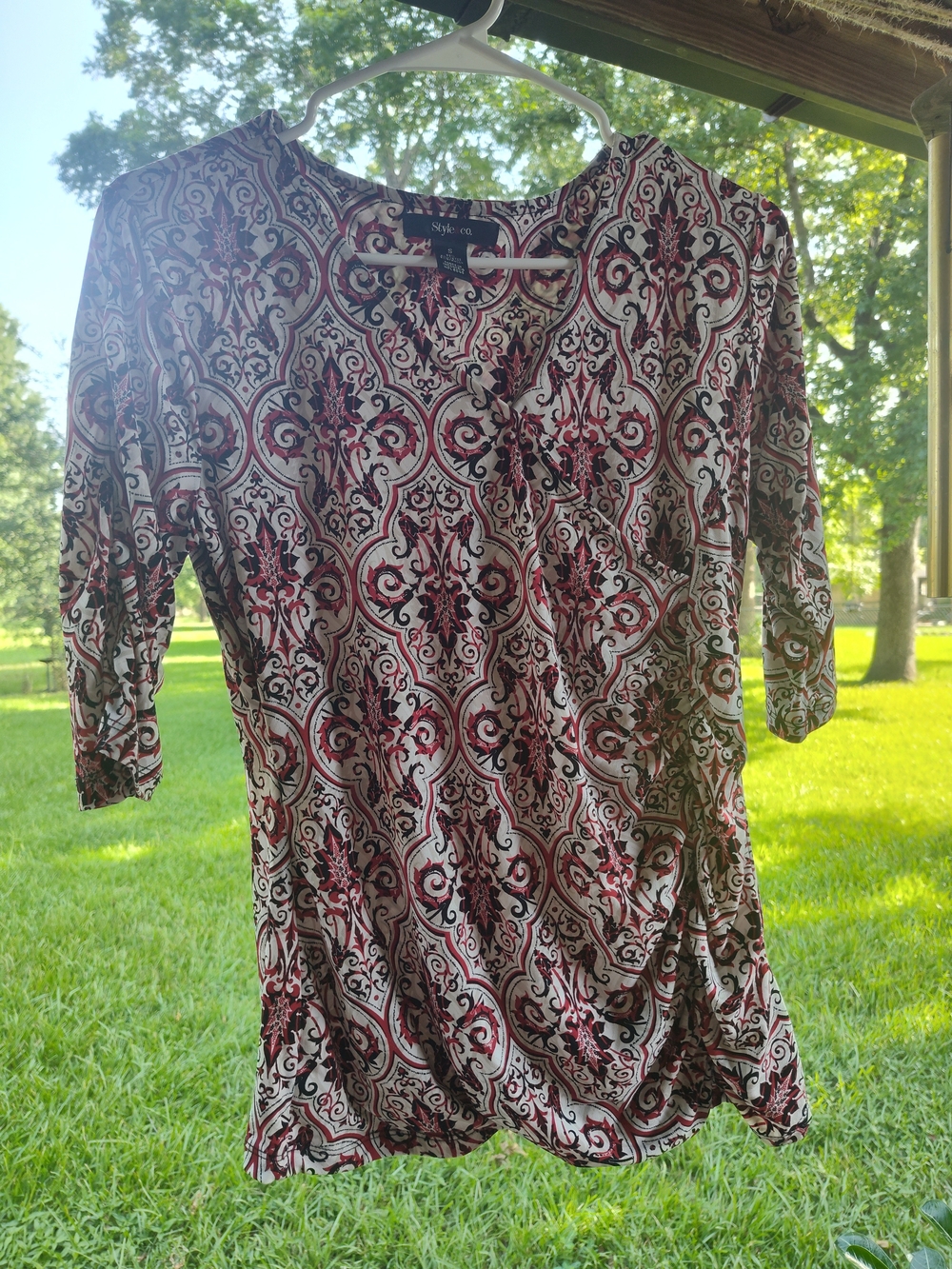 Style & Co. Women's Red and White Printed Tunic Top Rouched Top